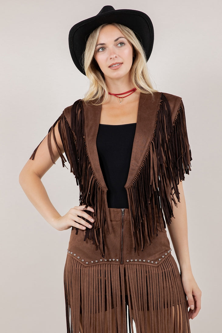 Fringe Faux Suede Shrug Brown
