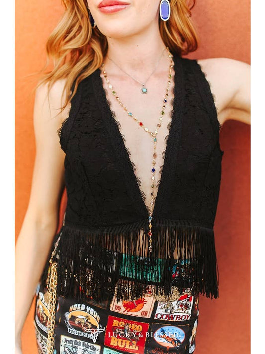 Black Onyx Lace & Fringe Top