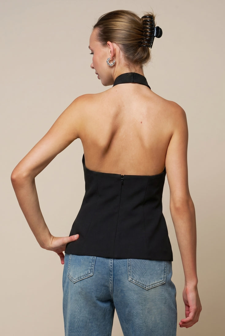 Mandarin Collar Halter Top Black