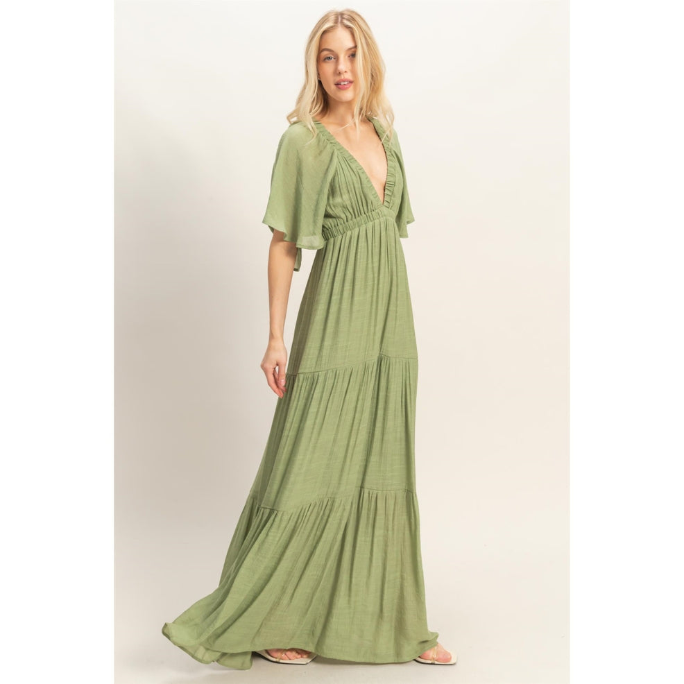 Flutter Sleeve Olive Maxi Dress