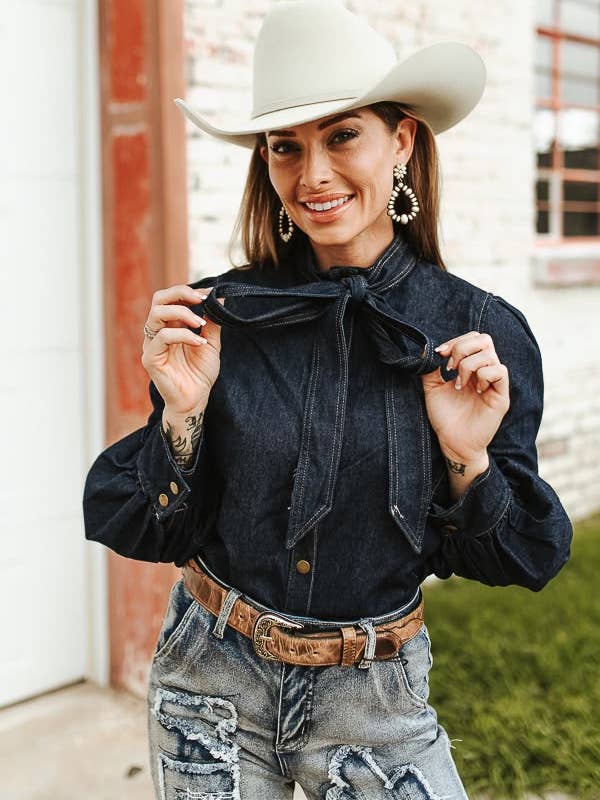 Denim Bow Blouse Regular & Plus Size