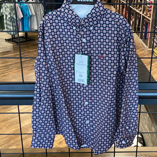 Youth medallion print button down