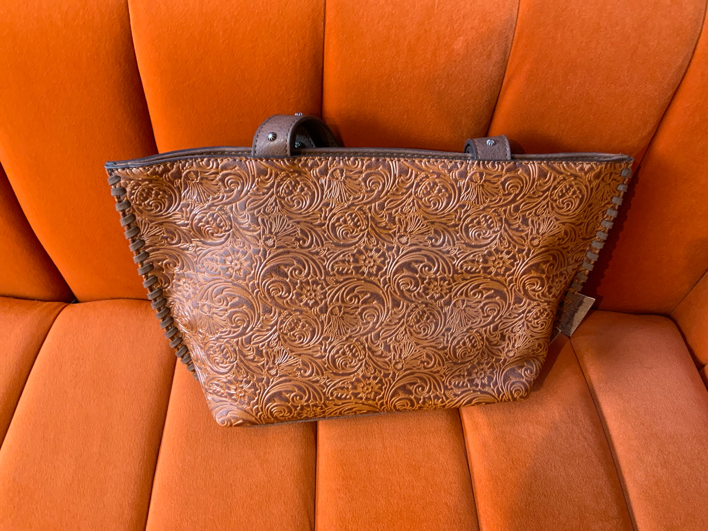 Justin Saddle Brown Tooled With Whipstitch Edge Tote