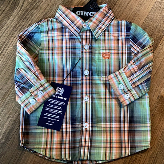 Youth cinch green button up