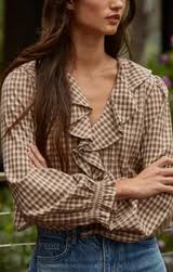 Woven Cotton Gingham Ruffled Blouse