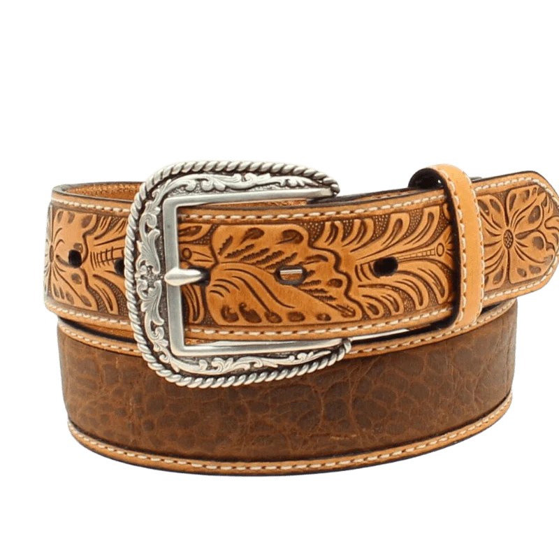Ariat Men's Brown Crocodile Floral Tabs Leather Belt