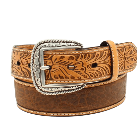 Ariat Men's Brown Crocodile Floral Tabs Leather Belt