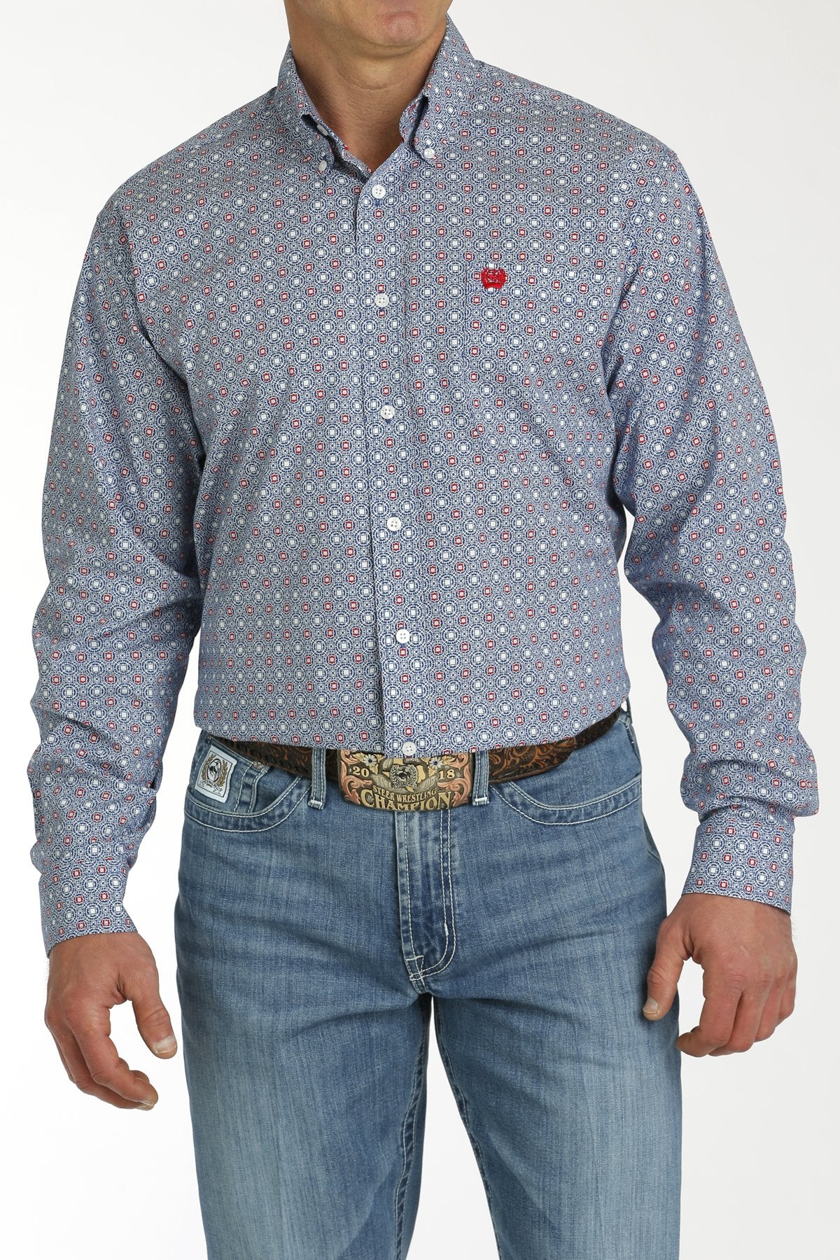 Men's Blue/White Medallion Button-Down