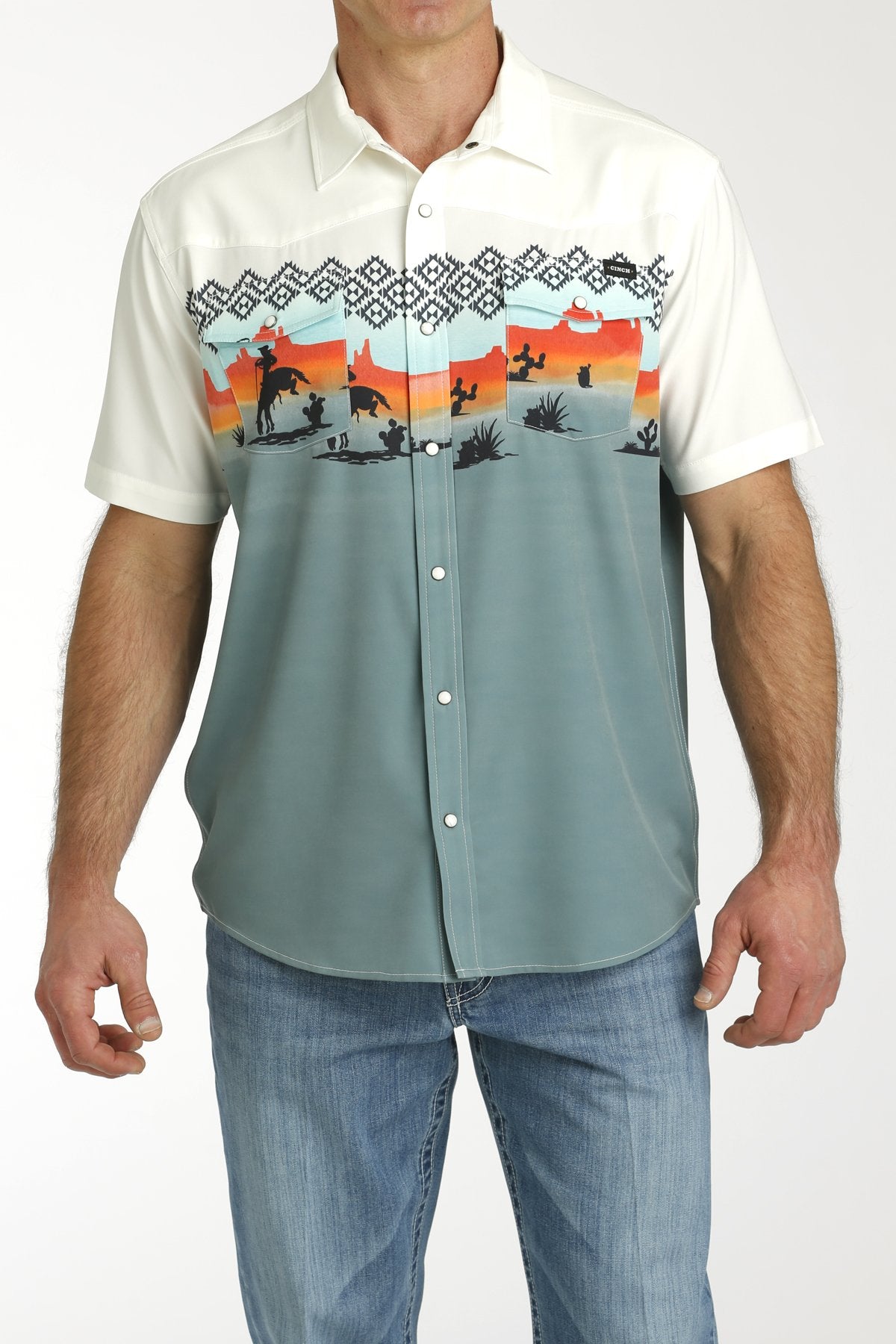 Men's Border Print Vintage Western Camp Snap-Up