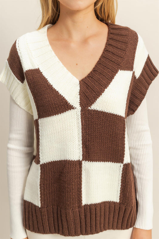 Checker Brown V Neck Vest