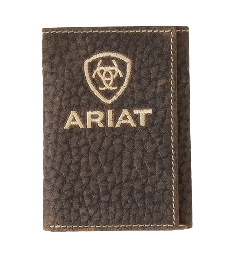 Ariat Brown Bull Hide Embroidered Trifold Wallet
