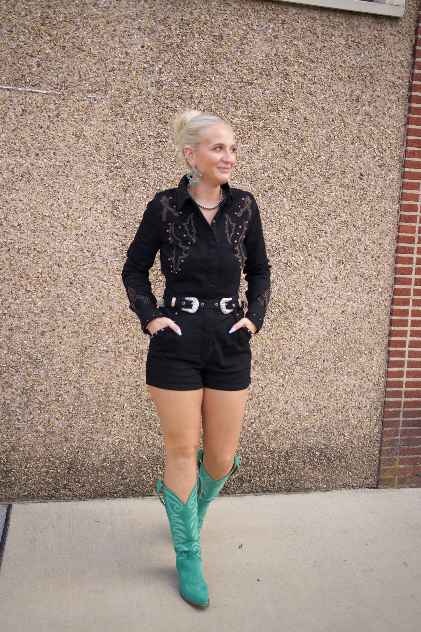 Boot Stitch Black Denim Romper