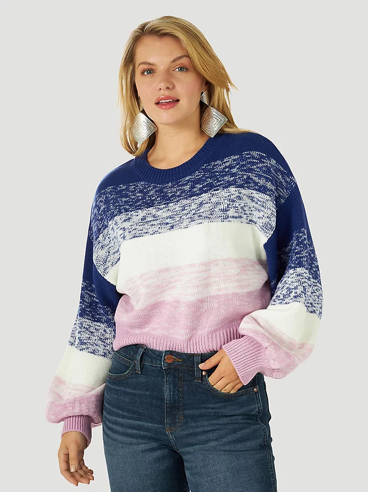 Abbey Wrangler cropped sweater with blue and pink stripes