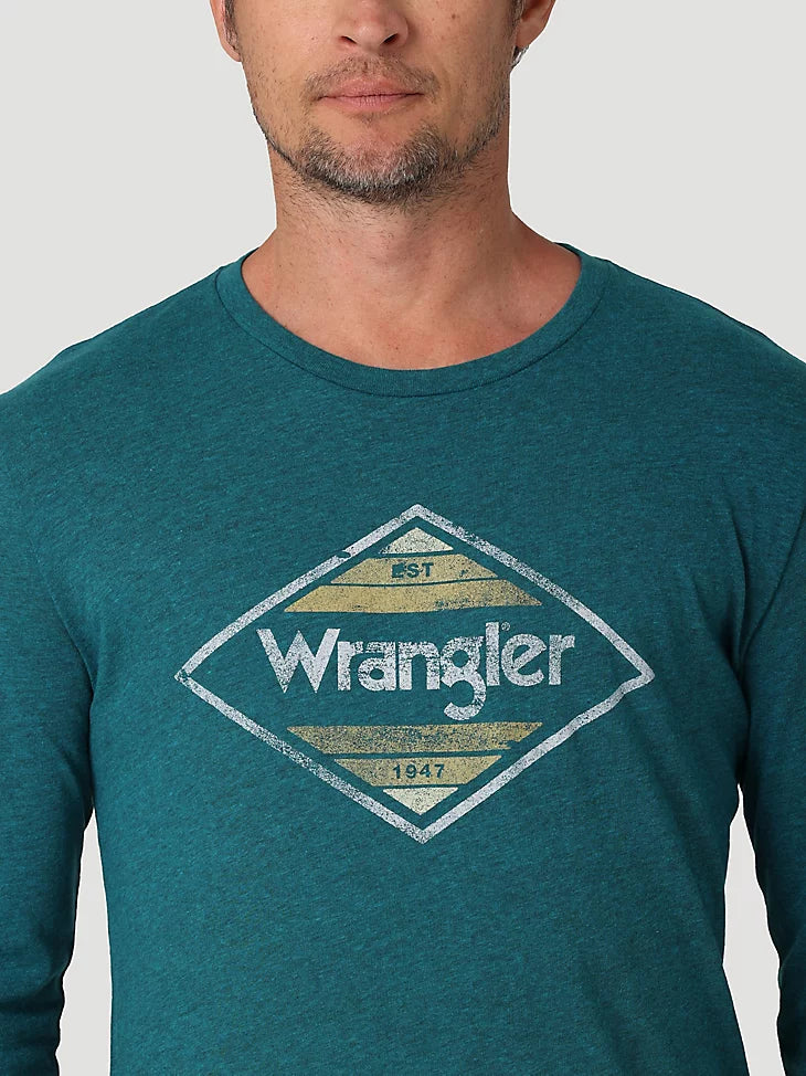 Men's Wrangler blue long sleeve shirt with Wrangler logo design on the front