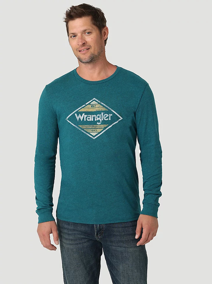 Men's Wrangler blue long sleeve shirt with Wrangler logo design on the front