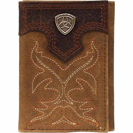 Ariat Men's Distressed Tri-Fold Wallet with Stitching and Concho