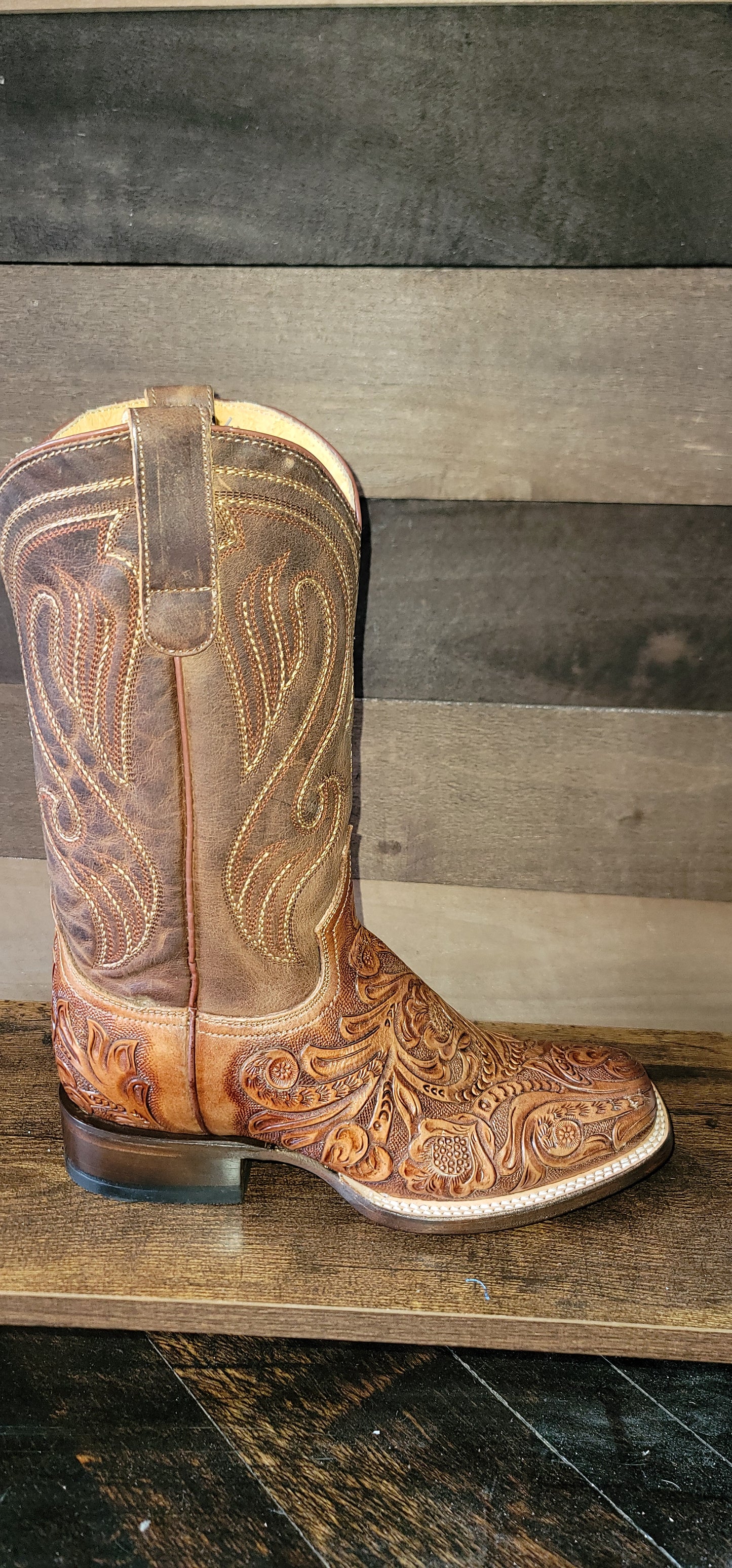 Roper Tooled Embossed Brown Leather Saddle Boot