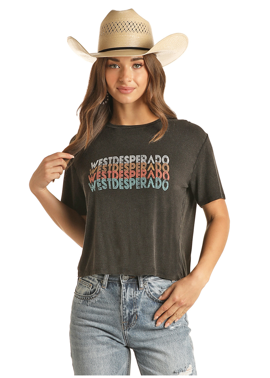 Final Sale  ✨ West Desperado Worn Black Women's Crop T-Shirt