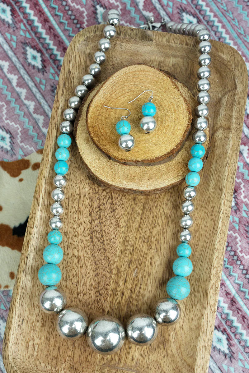 VERNON CREEK SILVERTONE CHUNKY TURQUOISE NECKLACE AND EARRING SET