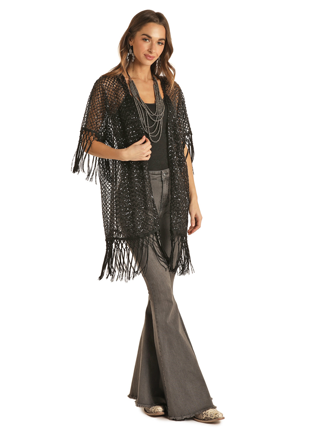 Final Sale ✨Tessa Women's Black Sequin Fringe Kimono