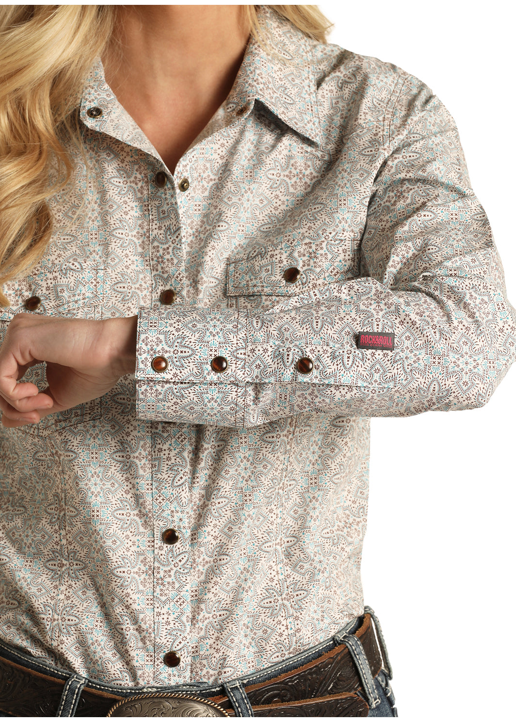Women's snap up western shirt white with light blue details
