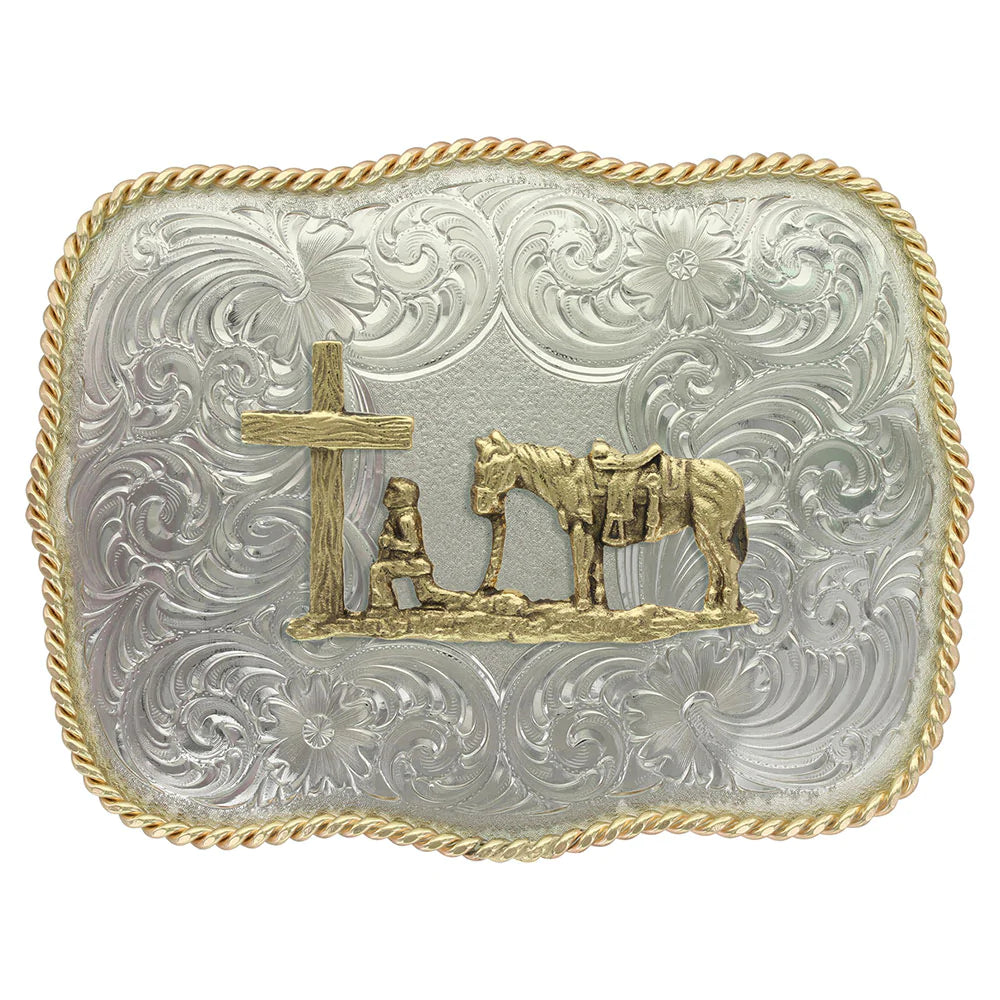 German Silver Christian Cowboy Western Belt Buckle
