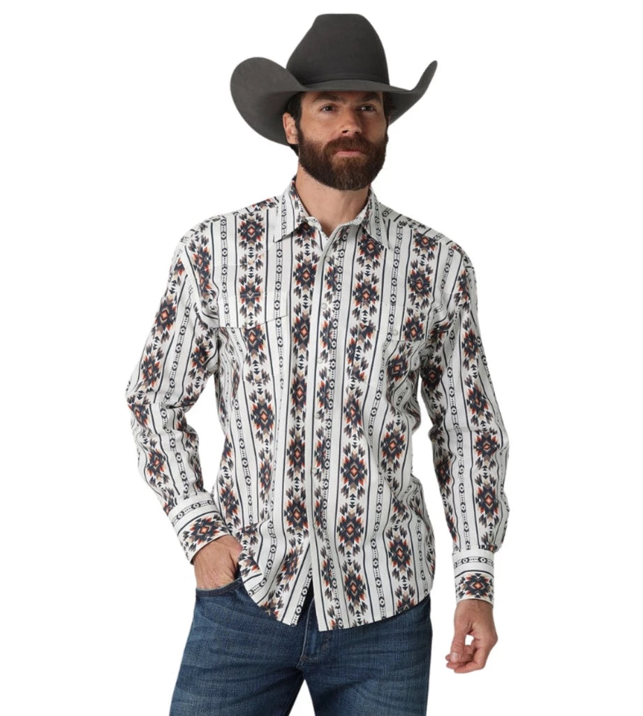 Final Sale ✨Wrangler Checotah White Aztec Snap Men's Western Shirt