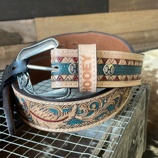 Natural Tooled & Teal Hooey "War Paint" Men's Belt