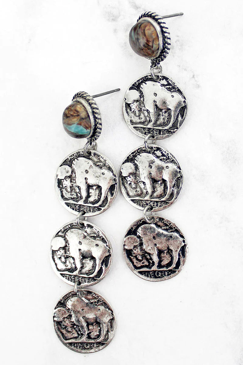 TURQUOISE MARBLED BEAD DANGLING BUFFALO COIN EARRINGS