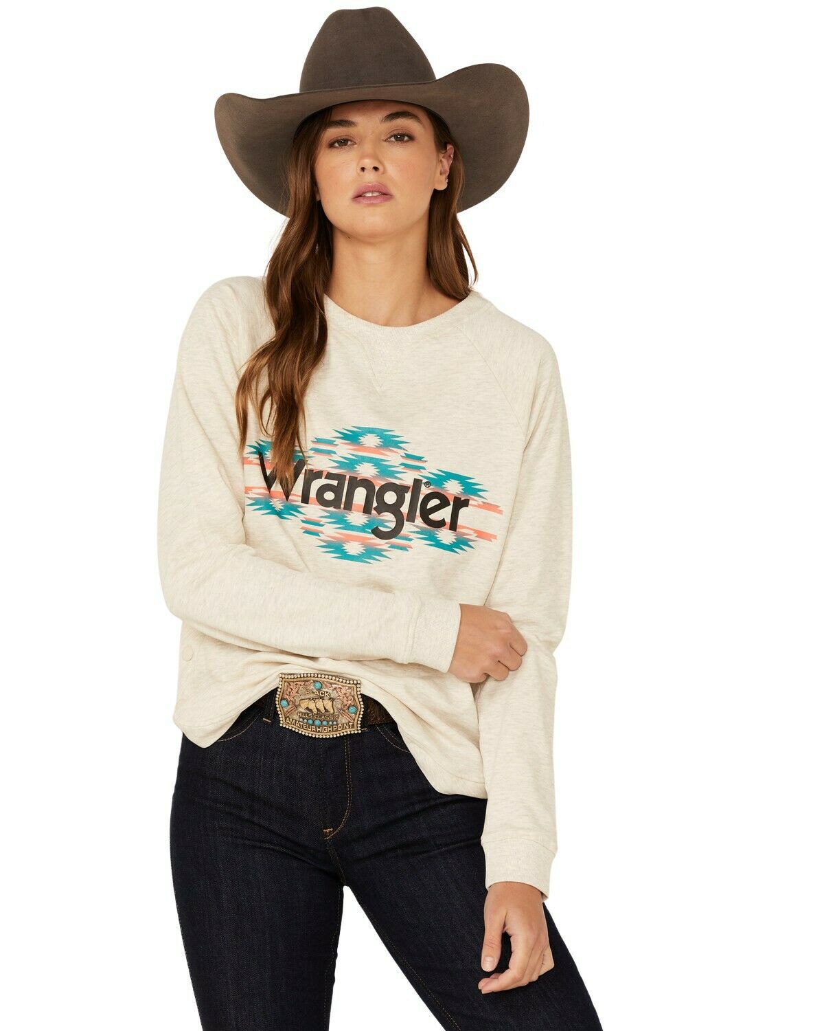 Wrangler Retro Teal Aztec Logo Women's Side Snap Sweatshirt