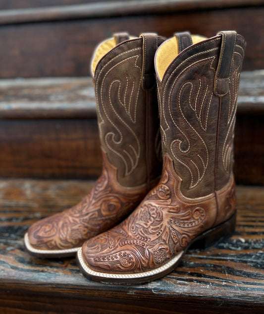 Roper Tooled Embossed Brown Leather Saddle Boot